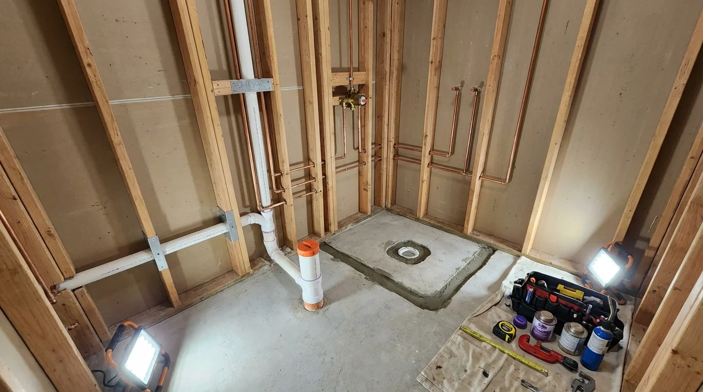 Bathroom rough-in plumbing during remodel by Johns Plumbing LLC in Clendenin