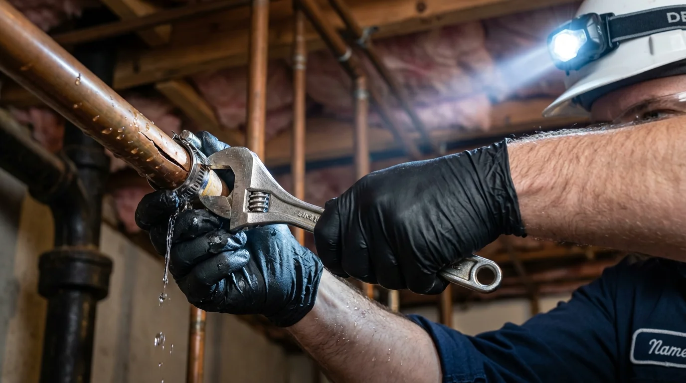 Emergency pipe clamp repair being performed by a Johns Plumbing LLC plumber in Clendenin