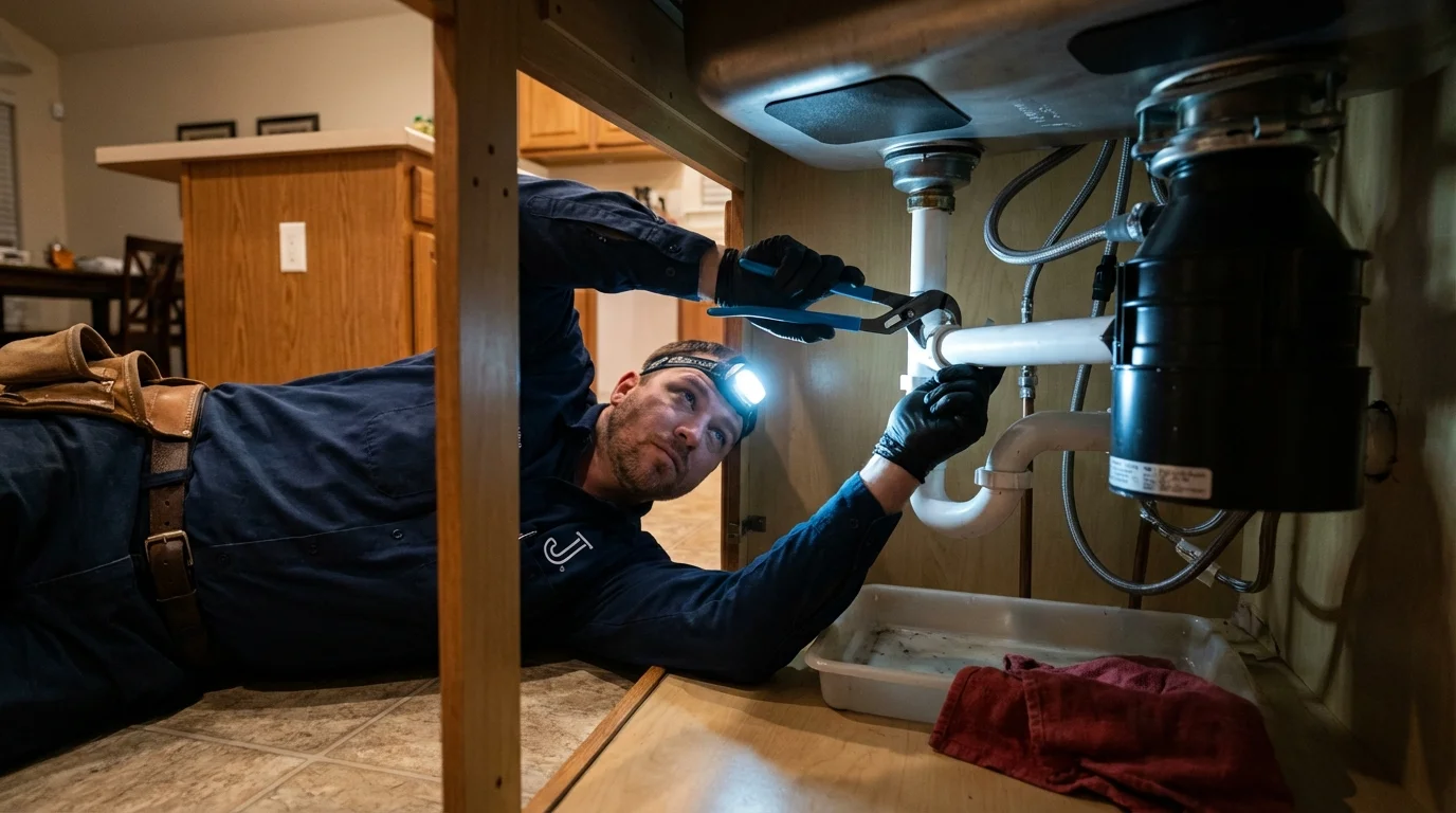 P-trap and supply line connections under a kitchen sink showing a common leak point in Clendenin, WV